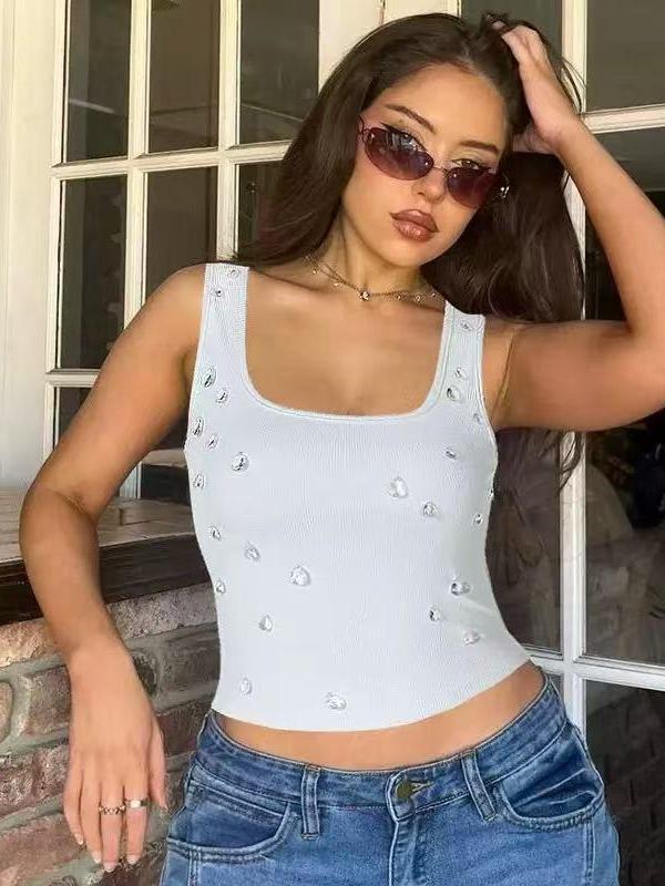 Crystal Drop Ribbed Crop Top tank top in light blue with crystal embellishments by Exclusives