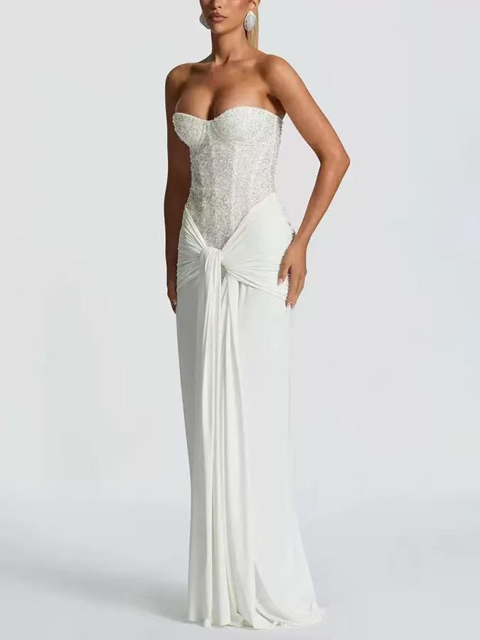 Ophelia Corset Maxi Dress, white strapless beaded bodice with draped knot skirt