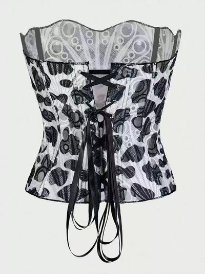Strapless mesh tube top with black lace overlay in leopard print, scalloped edge, and long front satin laces.