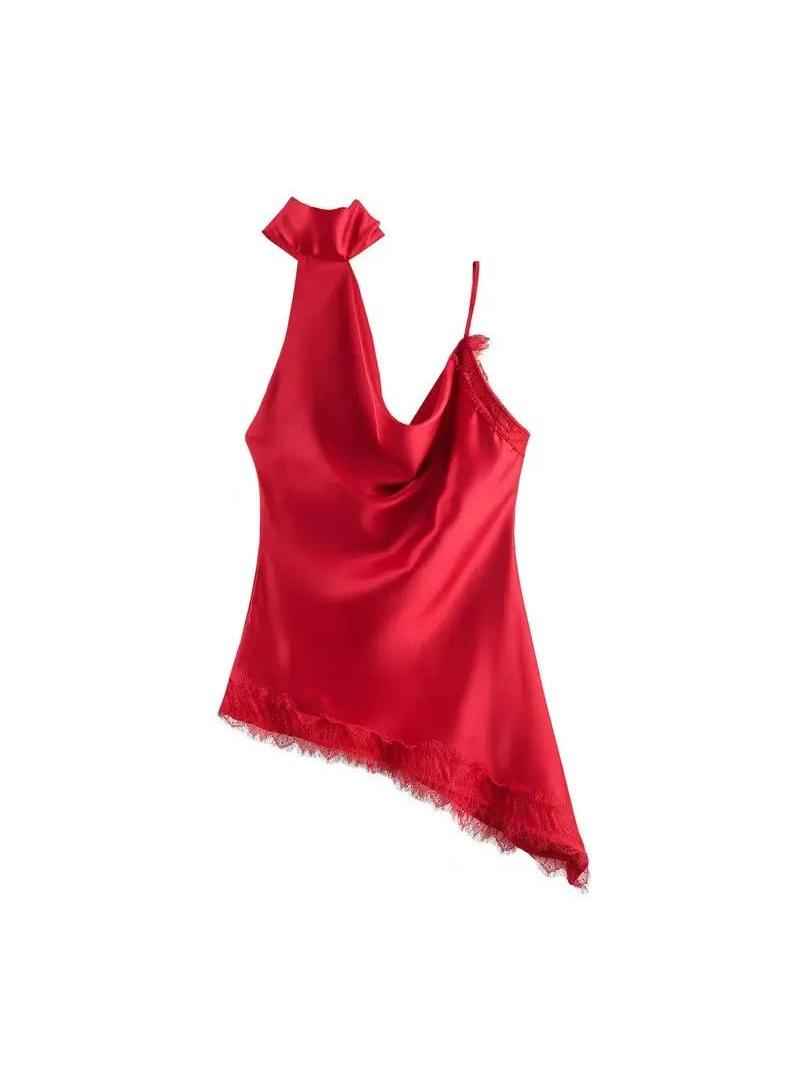 Asymmetrical Lace Trim Satin Halter Top