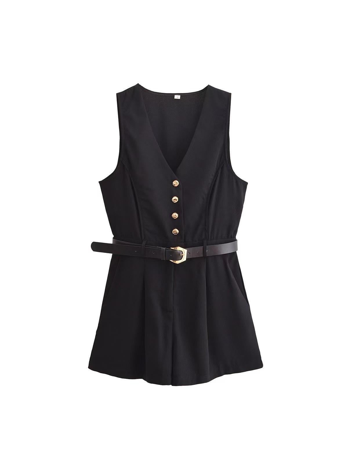Sleeveless V Neck Romper With Belt