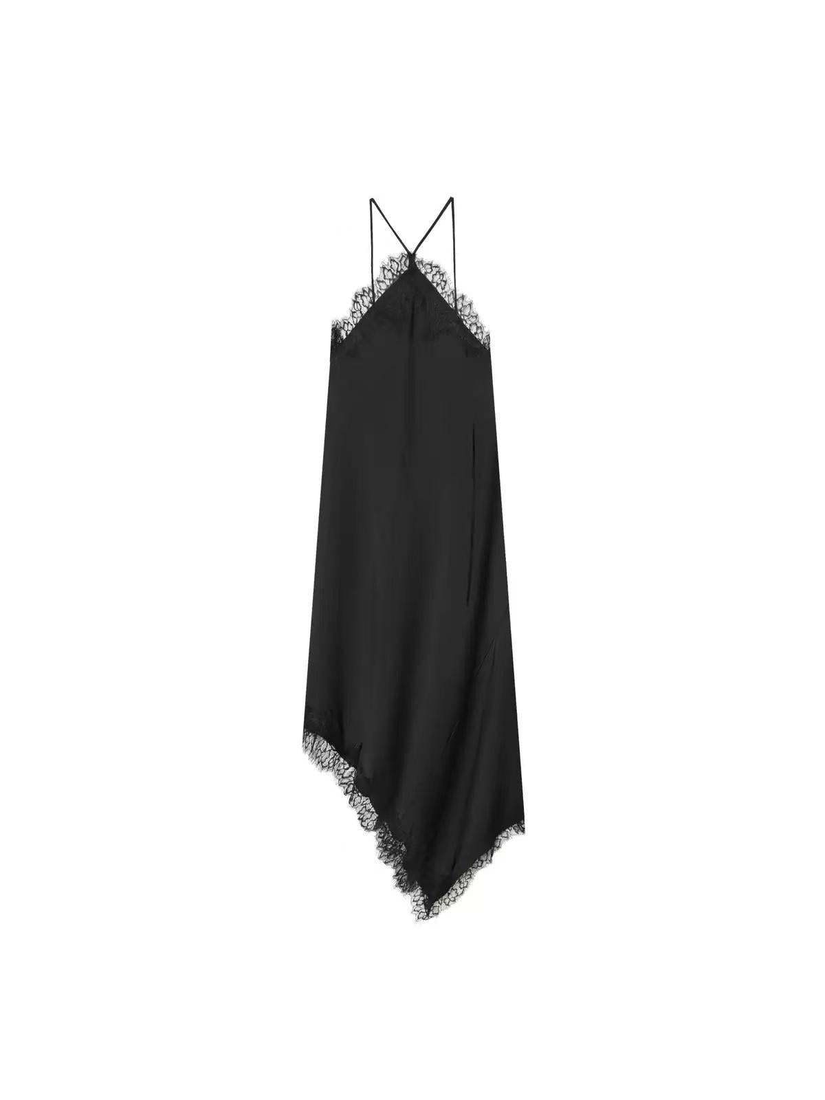 Exclusives lace-trim asymmetrical slip dress in black with spaghetti straps and scalloped lace hem