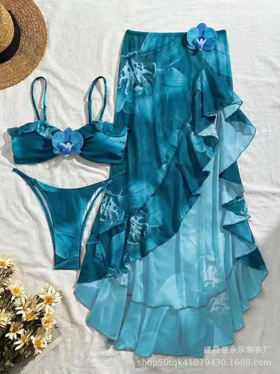 Orchid Tide Ruffle Swimsuit Set, 3-piece teal bikini with sheer cover-up, Exclusives, on sale