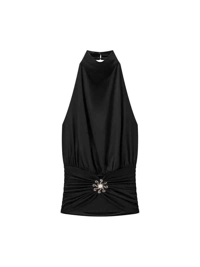 Ruched jewel detail halter top by Exclusives, black sleeveless blouse on sale