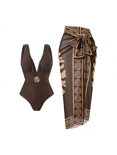 2-piece Tropical Sarong Wrap Swimsuit Set in Cocoa brown; ruched V-neck bikini with gold emblem and sarong wrap.