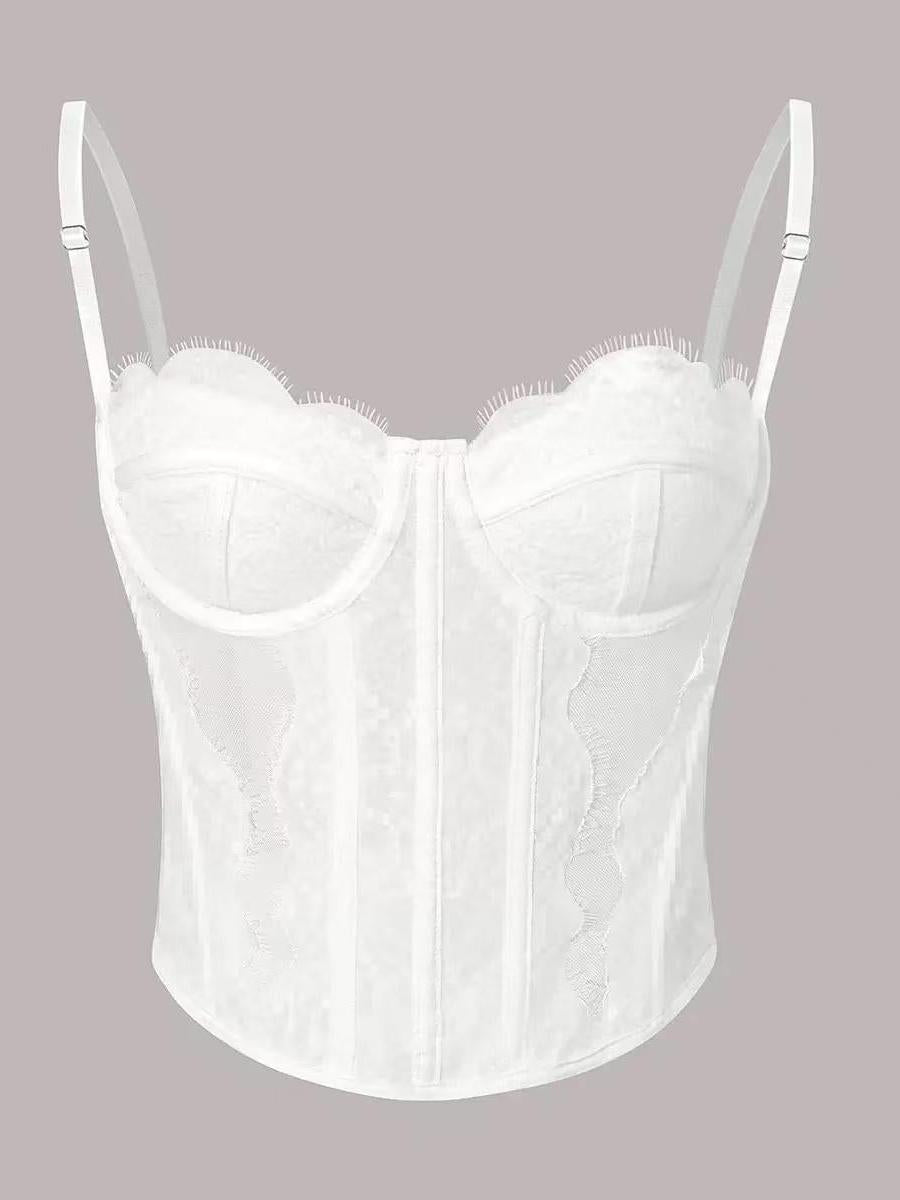 Sheer mesh corset bustier top by Exclusives, white with lace trim