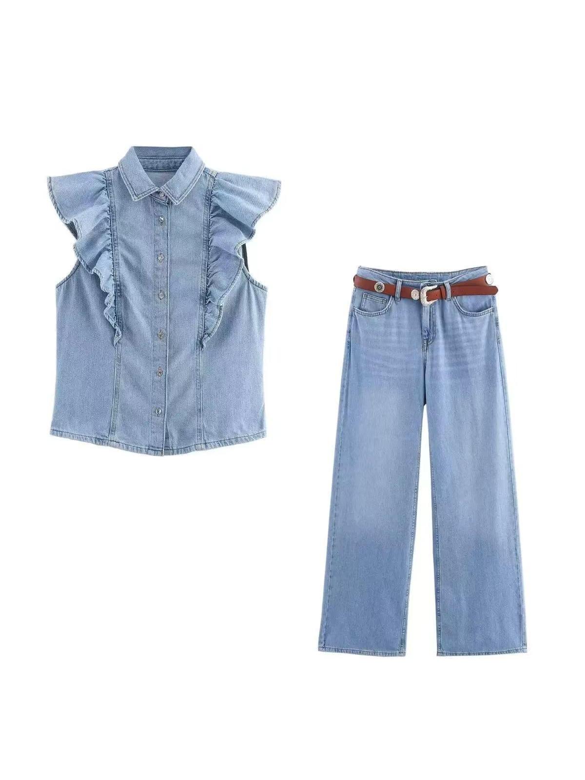 SLeeveless Denim Ruffle Top & Pants Coord Set with Belt