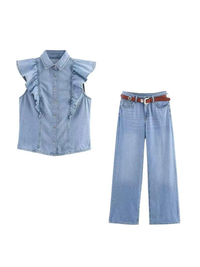SLeeveless Denim Ruffle Top & Pants Coord Set with Belt