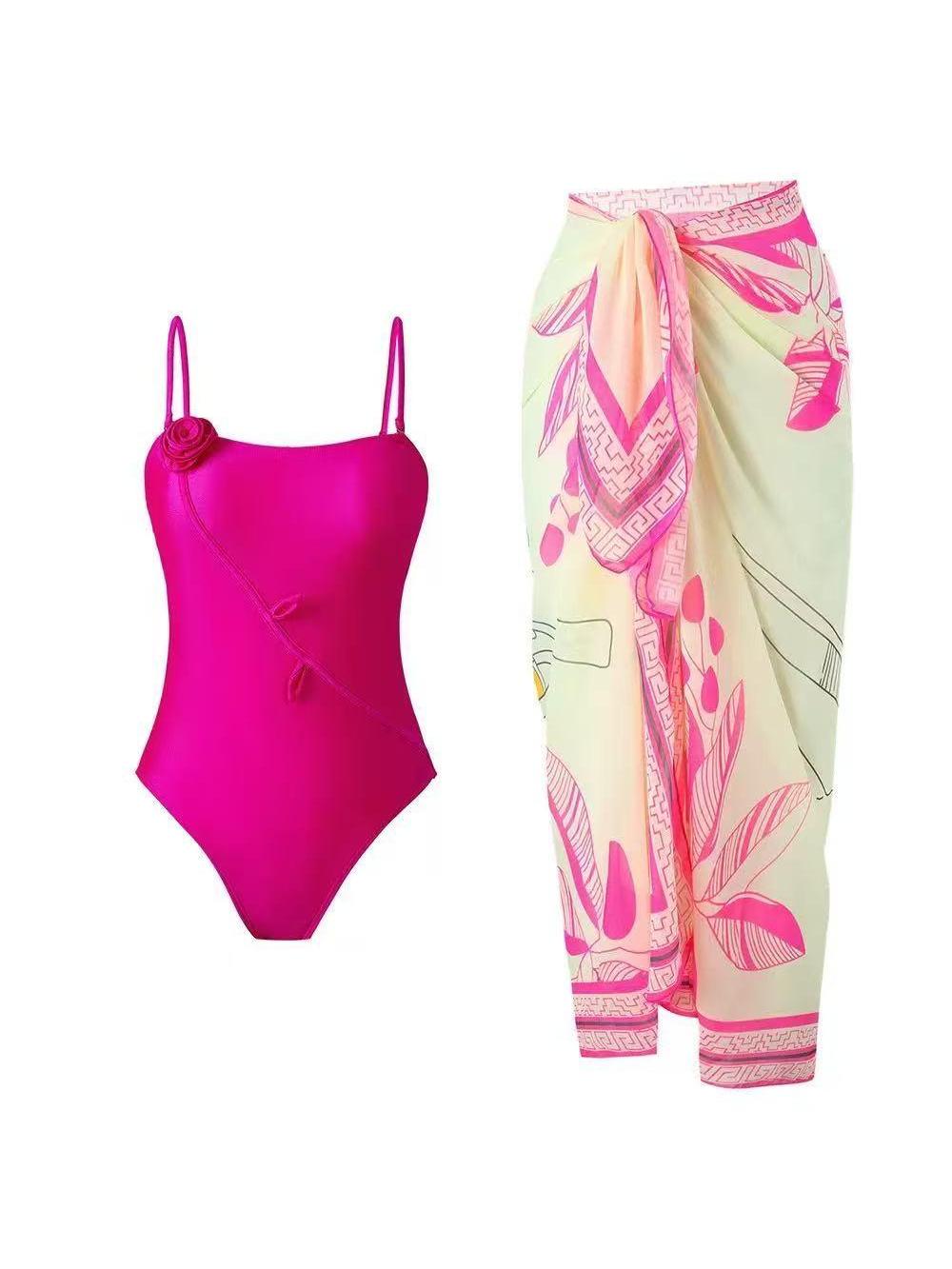 Abstract Applique print Bikini Swimsuit Set with Sarong Skirt