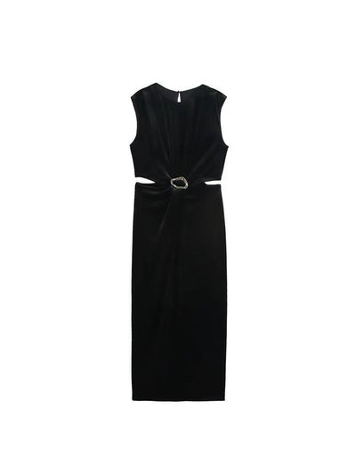 Velvet Sleeveless Cutout Buckle Midi Dress