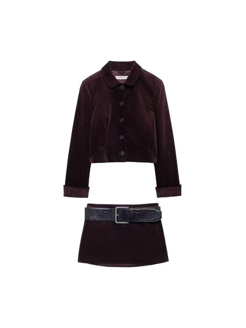 Velvet Jacket & Short Skirt With Belt Coord Set