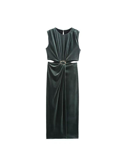 Velvet Sleeveless Cutout Buckle Midi Dress