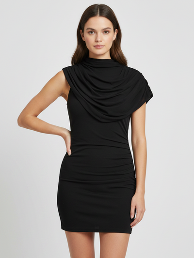 Asymmetric Drape Shoulder Bodycon Mini Dress, black, Exclusives, dresses on sale