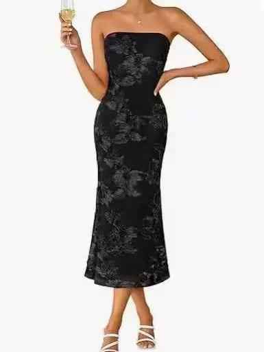 Midnight Bloom Strapless Midi Dress