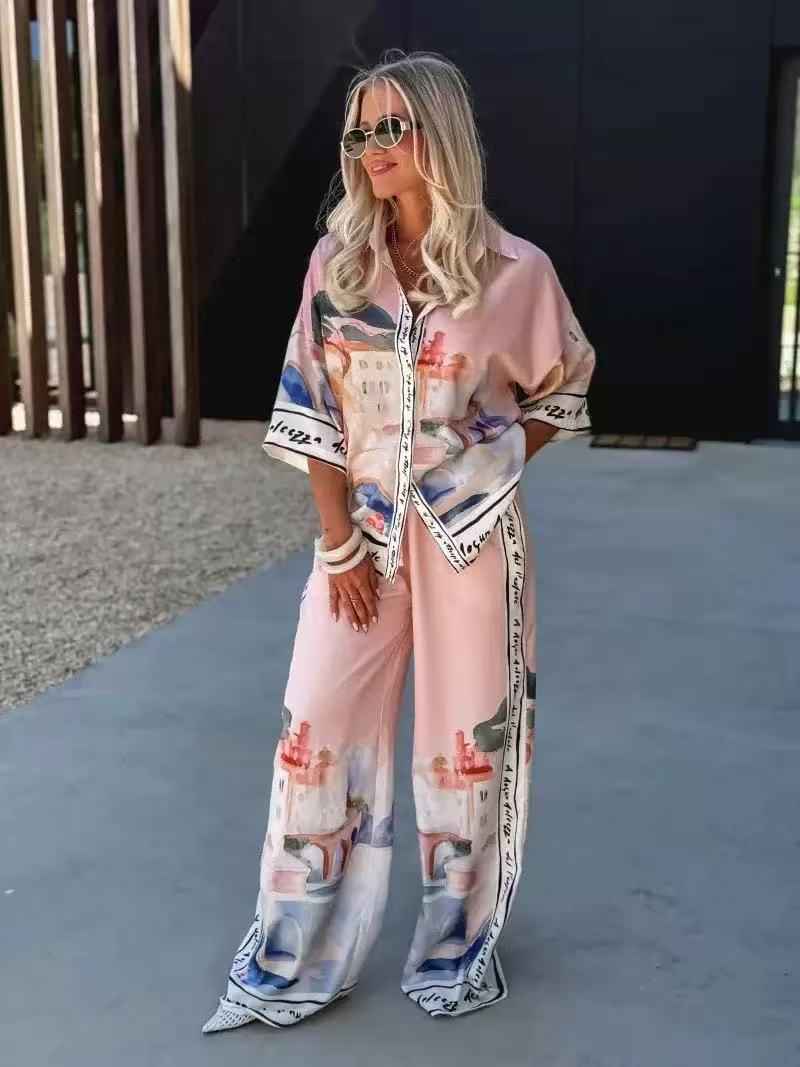 Pastel watercolor print shirt and wide-leg pants set by Exclusives; on-sale combo outfit.