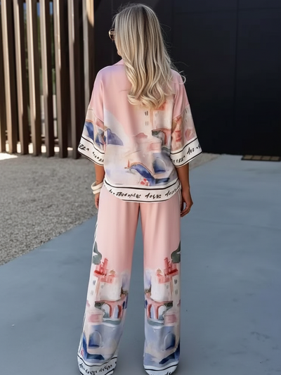 Pastel Watercolor Print Shirt & Wide-Leg Pants Set on sale; pink hues, loose-fit two-piece outfit