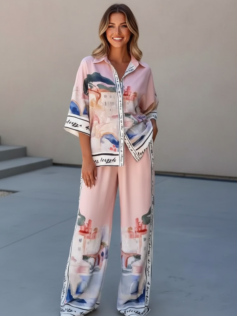 Pastel watercolor print shirt and wide-leg pants 2-piece set in pink tones