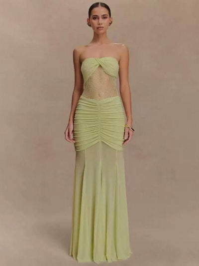 Sheer Ruched Strapless Maxi Dress