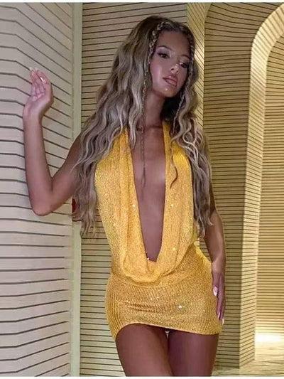 Shimmer Glam Mesh Plunge Halter Dress