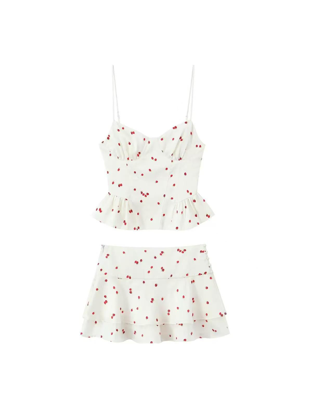 Cherry Sundae Peplum Coord Set, white two-piece outfit with red cherry print (top and skirt)
