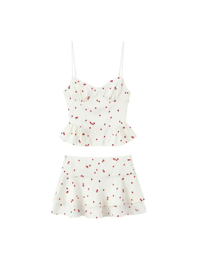 Cherry Sundae Peplum Coord Set, white two-piece outfit with red cherry print (top and skirt)