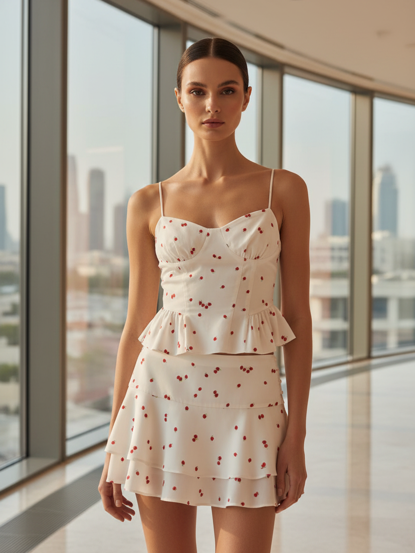Exclusives Cherry Sundae Peplum Coord Set, white cherry-print two-piece outfit (top + tiered skirt)