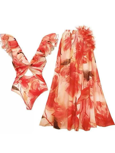 Floral Print Ruffle Bikini & Sarong Skirt Swimsuit Set
