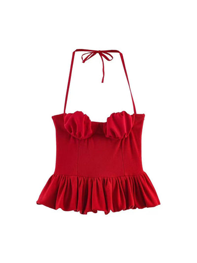 Rosette Halter Peplum Corset Top red blouse by EXCLUSIVES on sale