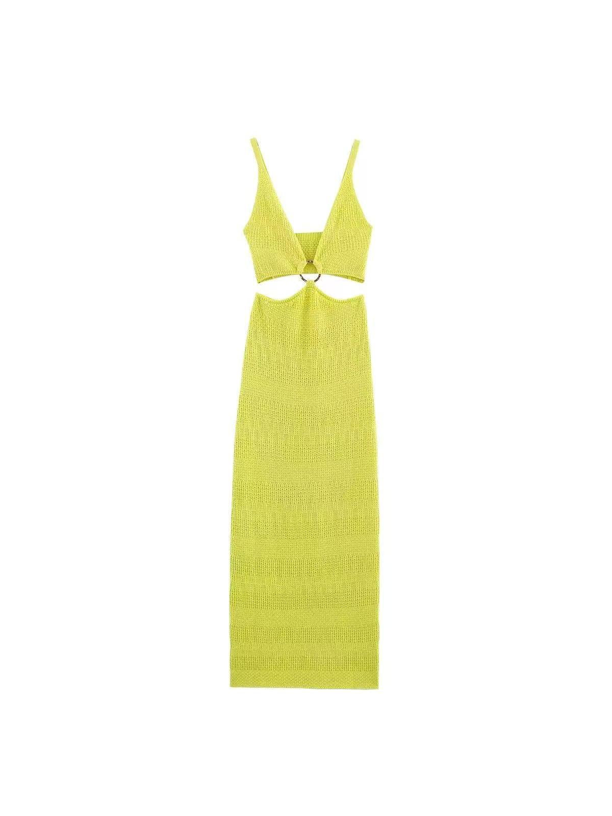 Lime Ring Detail Cut‑Out Knit Maxi Dress