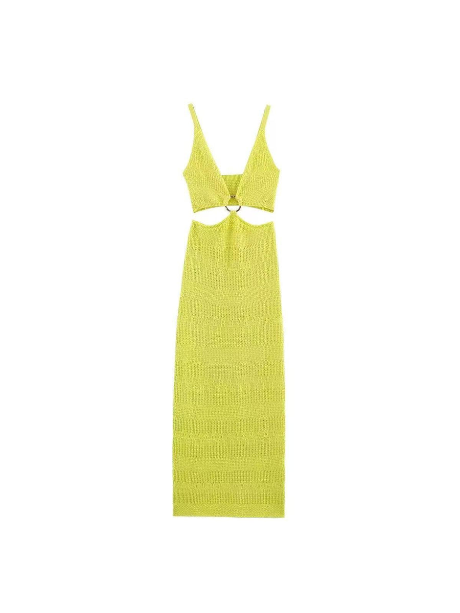 Lime Ring Detail Cut‑Out Knit Maxi Dress