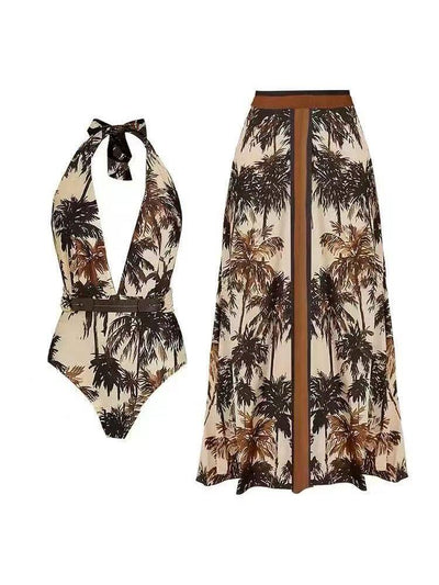 Tropical Print Halterneck Swimsuit Bikini Set with Skirt
