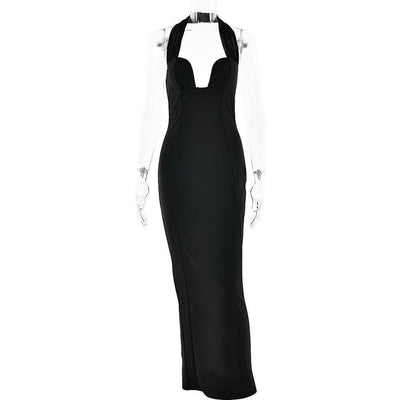 Deep Halterneck Slit Maxi Dress