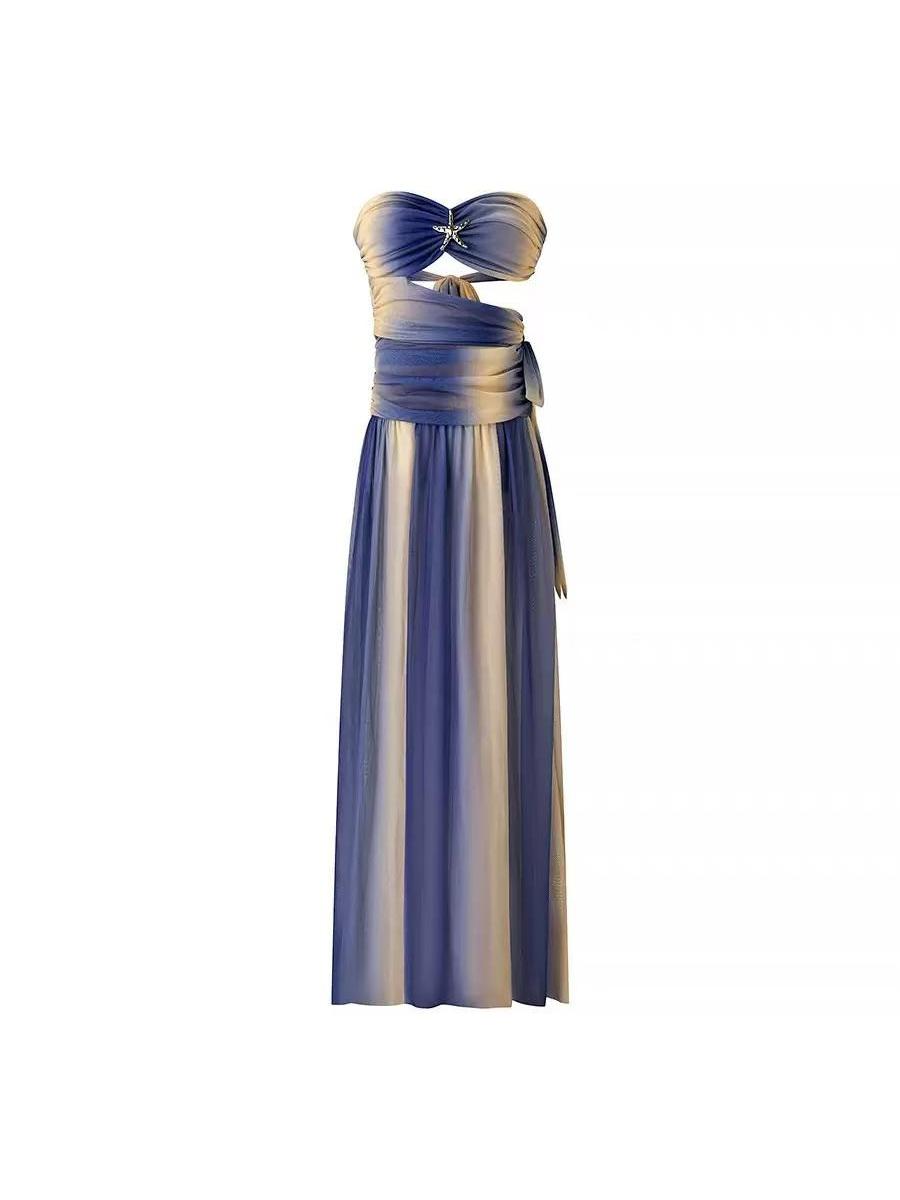 Strapless ombré ruched chiffon maxi dress in blue-to-cream gradient, Exclusives brand, on sale.
