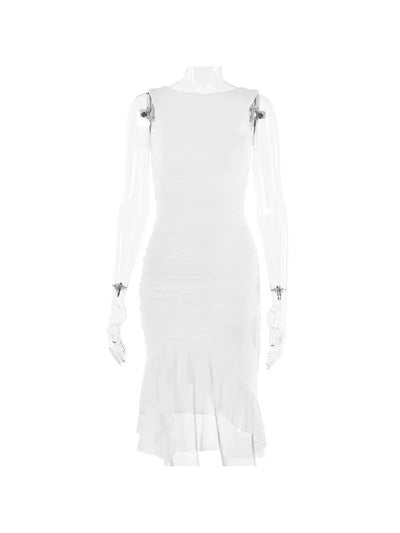 Round Neck Sleeveless Backless Pleated Mesh Midi Dress