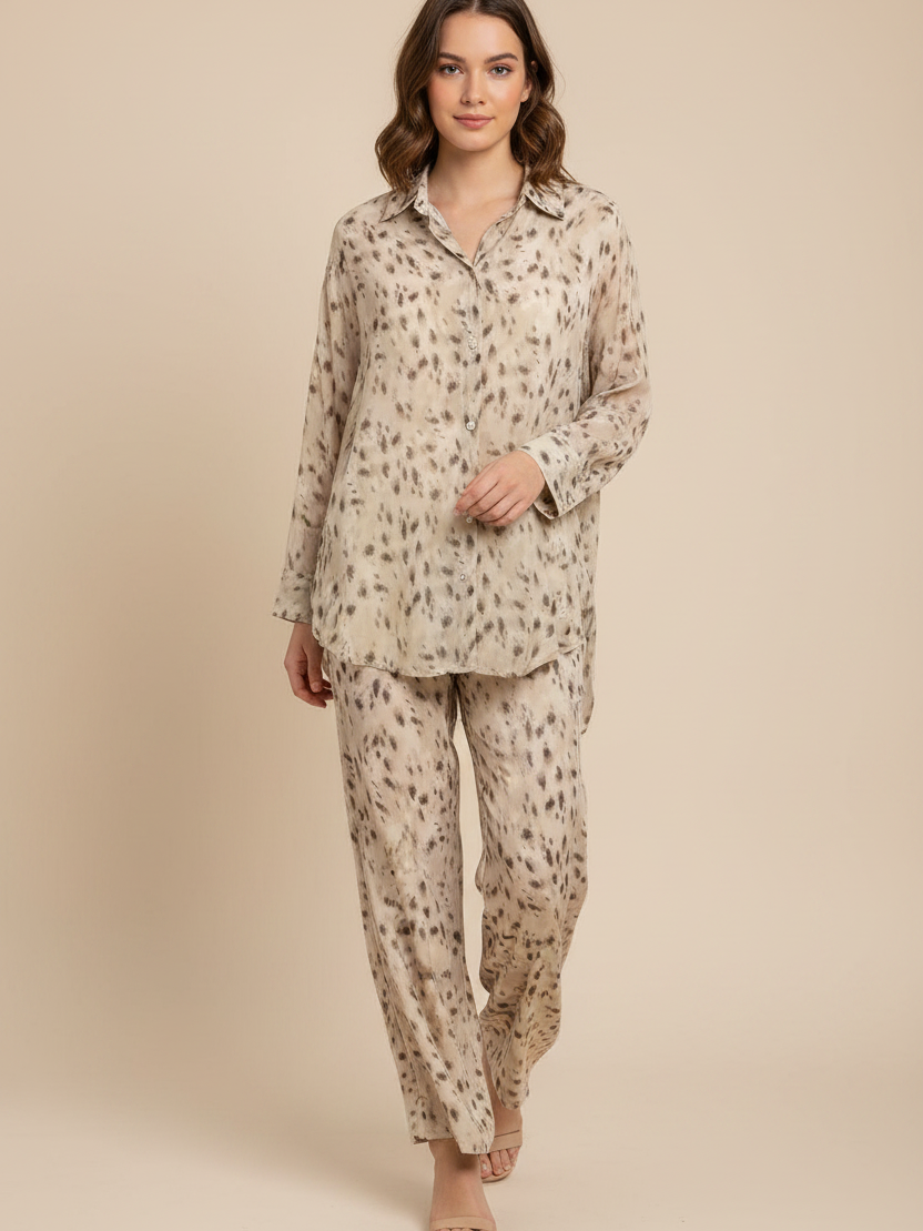 Abstract Print Relaxed Shirt & Wide-Leg Trouser Set, 2-piece beige leopard print by Exclusives, on sale