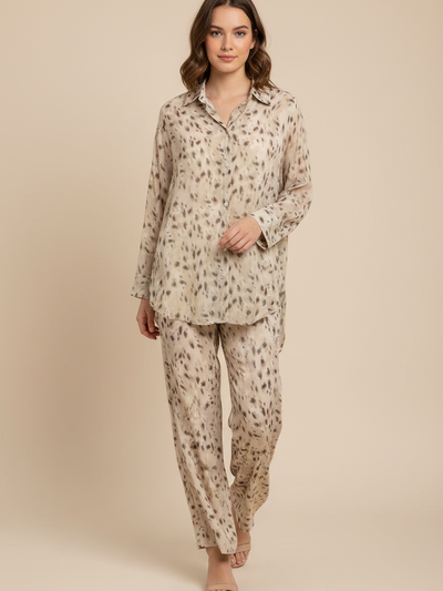 Abstract Print Relaxed Shirt & Wide-Leg Trouser Set, 2-piece beige leopard print by Exclusives, on sale