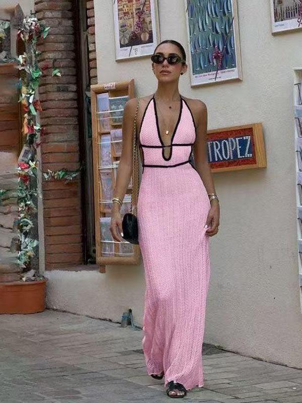 Halterneck Crochet Backless Cutout Maxi Dress