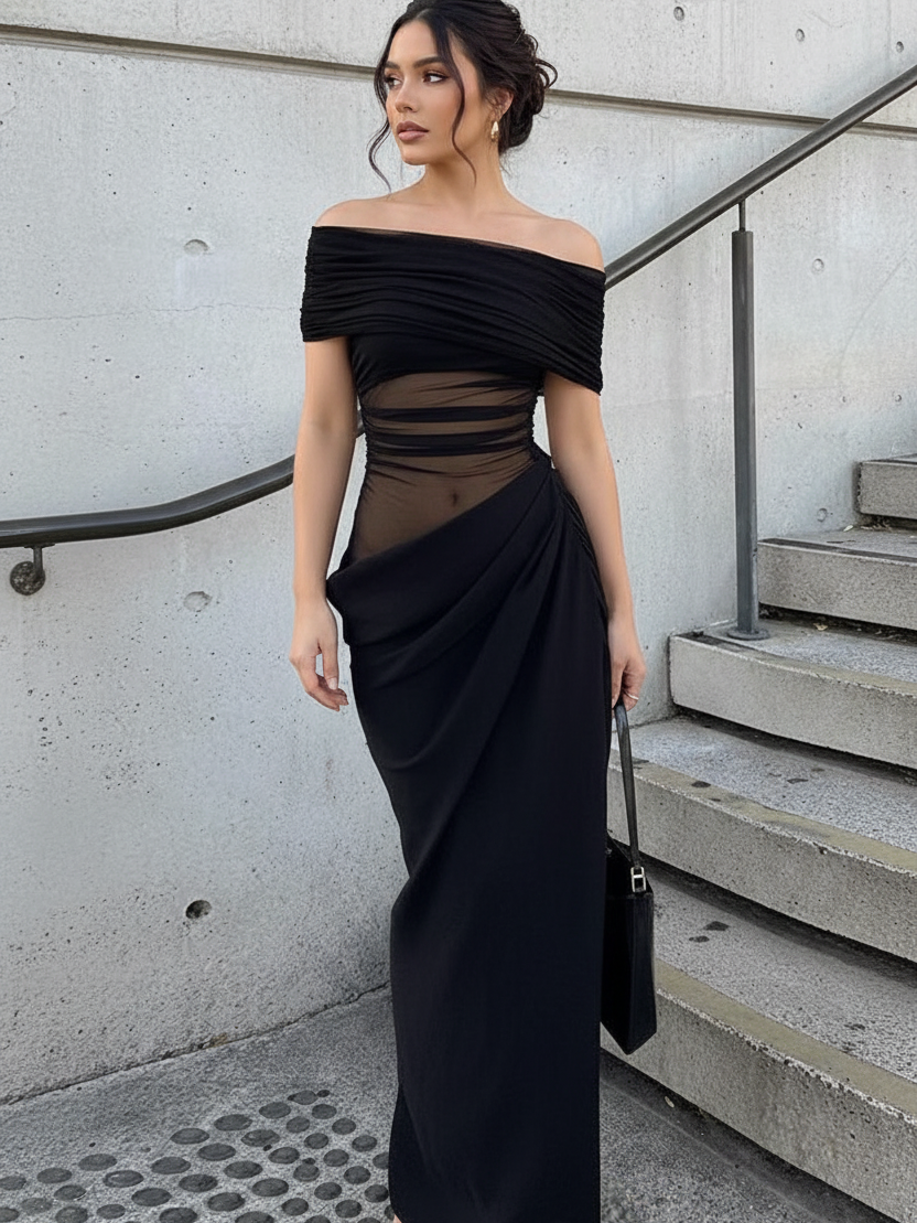 black off shiuld dress Shoulder Cutout Maxi Black Figure Skating Dress With Slit Built Color:Rose Pink 2026colour