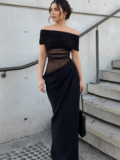Off Shoulder Cutout Maxi Dress by EXCLUSIVES; black off-shoulder gown with sheer waist panel and draped skirt.