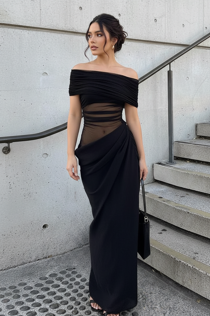 Off Shoulder Cutout Maxi Dress by EXCLUSIVES; black off-shoulder gown with sheer waist panel and draped skirt.