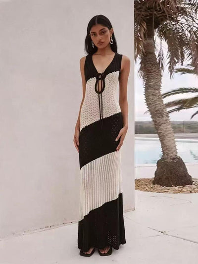 Monaco Contrast Crochet Maxi Dress, black and ivory crochet with V-neck tie-front