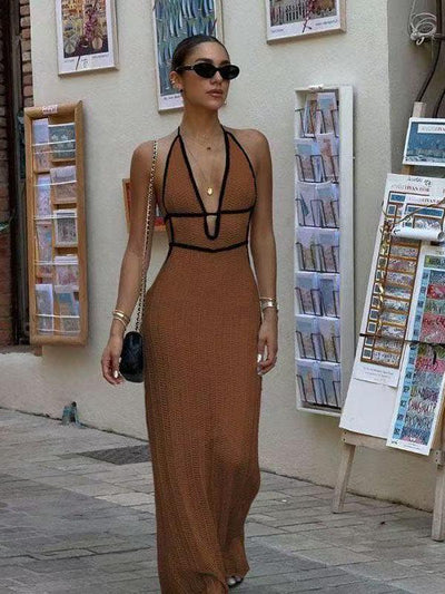 Halterneck Crochet Backless Cutout Maxi Dress