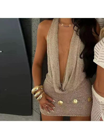 Shimmer Glam Mesh Plunge Halter Dress