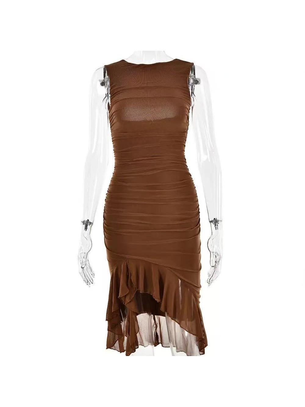 Round Neck Sleeveless Backless Pleated Mesh Midi Dress