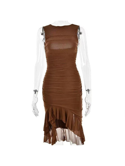 Round Neck Sleeveless Backless Pleated Mesh Midi Dress