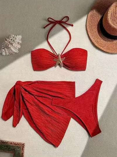 Starfish Glow Textured Bikini Set, Exclusives three-piece red bandeau top with starfish charm, wrap skirt and bottom