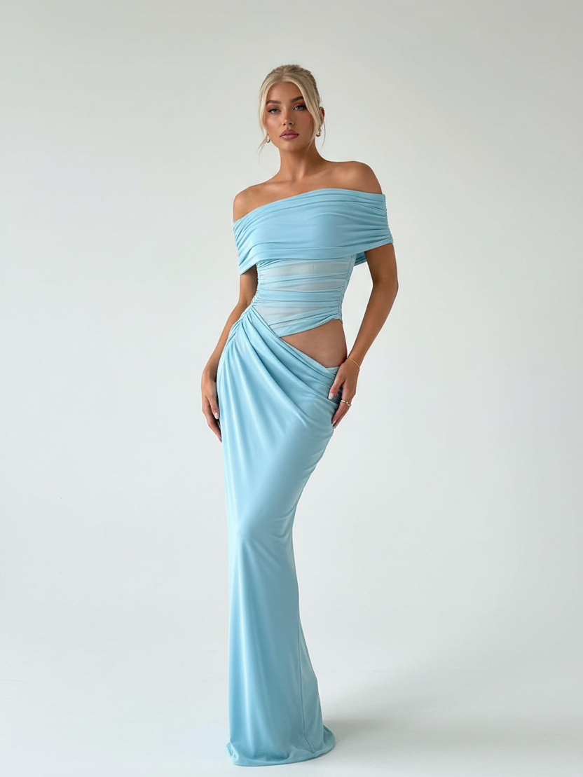 Off-shoulder cutout maxi dress in light blue with ruched bodice and waist cutouts, draped wrap skirt.