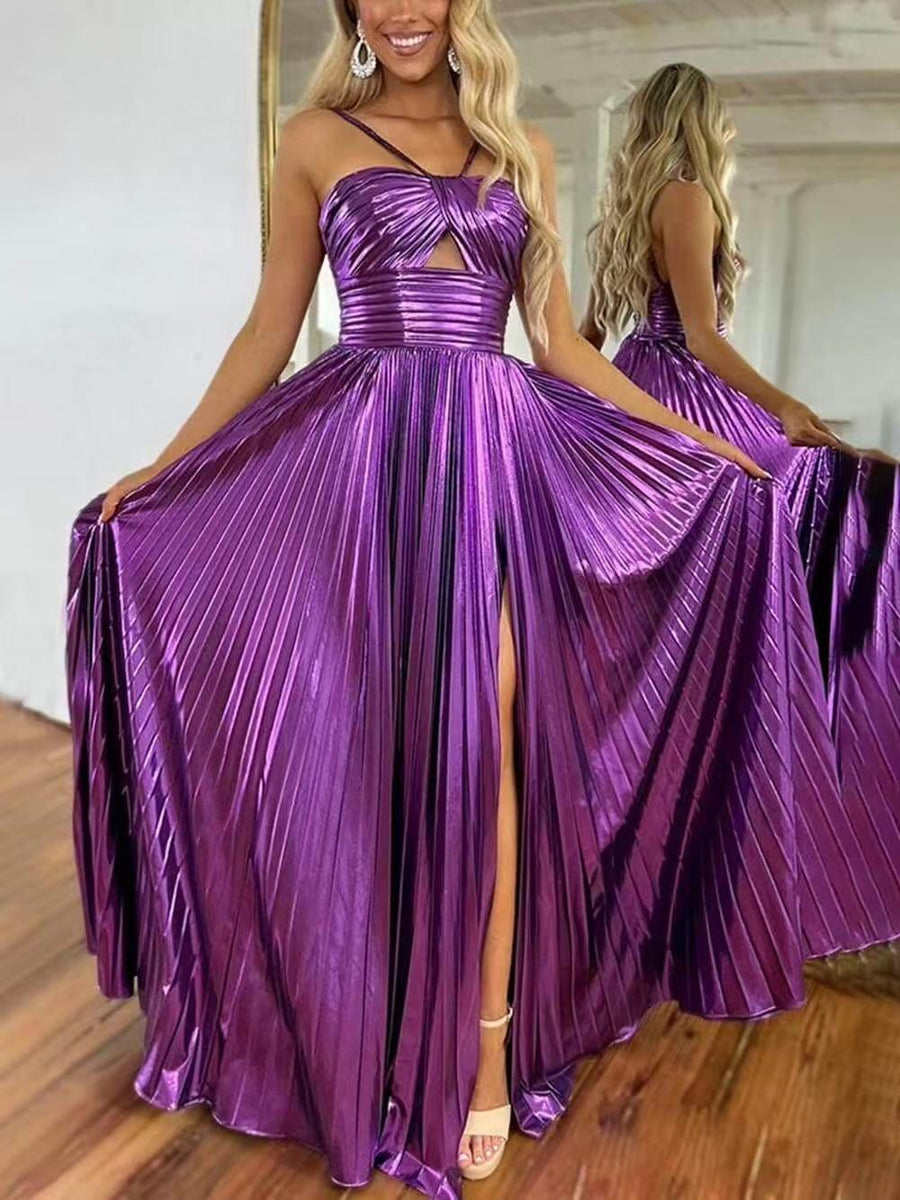 Shiny metallic purple pleated halter-neck maxi dress with twisted bust knot, front cutout, and high slit.