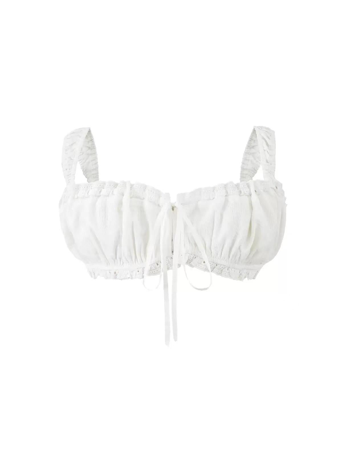 Summer Muse Tie-Front Bralette Top, white lace-trimmed bralette with front ties and shirred edges