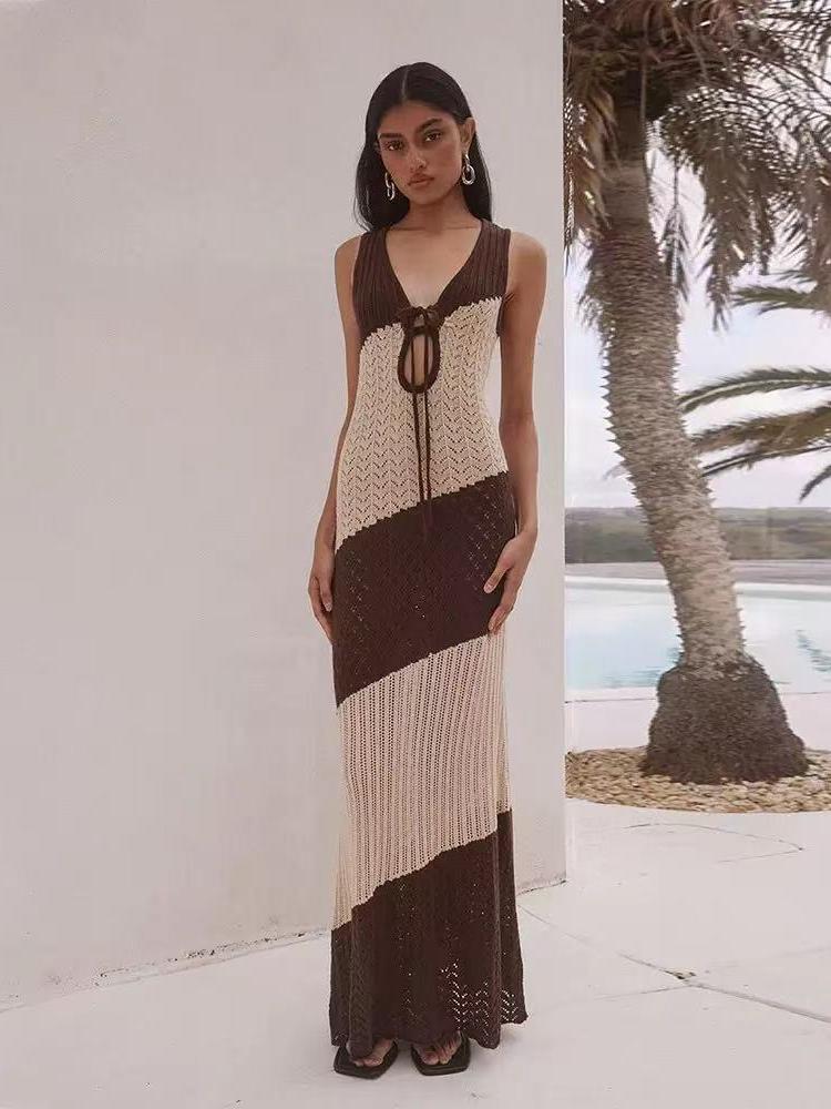 Monaco Contrast Crochet Maxi Dress by EXCLUSIVES, beige and brown two-tone crochet with V-neck and front tie.